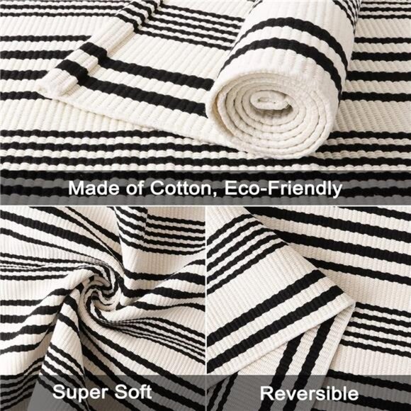 Black and White Striped Outdoor Rug, 2’ x 4.3’ Cotton Hand-Woven Reversible - Picture 4 of 8